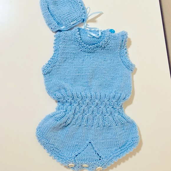 Hand Crafted Other - Hand knit Baby romper with matching hat blue